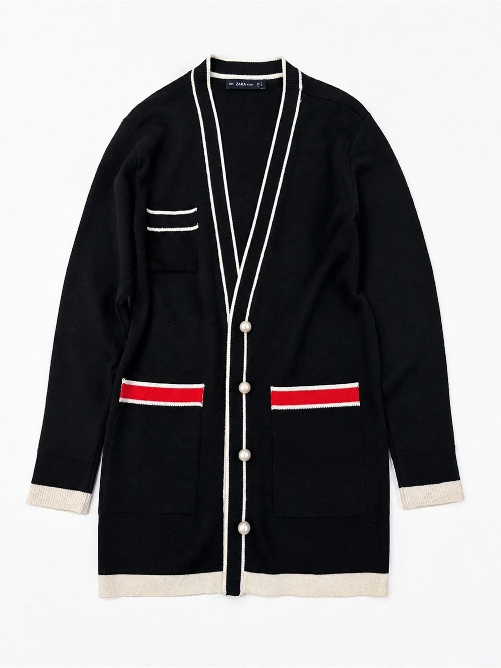 ZARA Women’s Black Longline Cardigan with Pearl Buttons & Contrast Trim